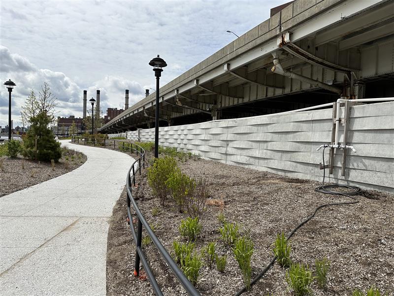 Curved sidewalk beside a landscaped area and a raised highway, with lamp posts and young plants along the path.