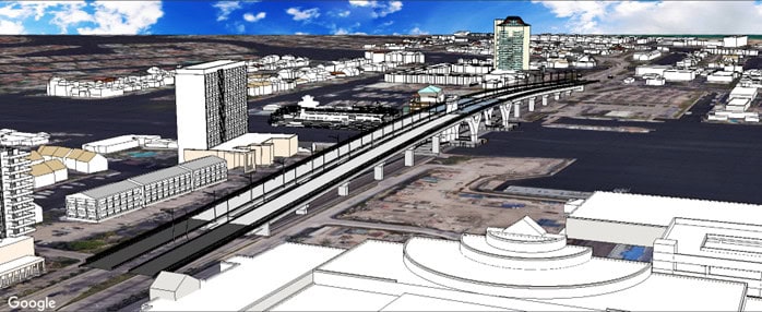 Digital rendering of an elevated railway line passing through an urban area with multiple mid-rise buildings and a waterfront, showcasing how CAD workflows in MicroStation 2025 enhance urban infrastructure design.