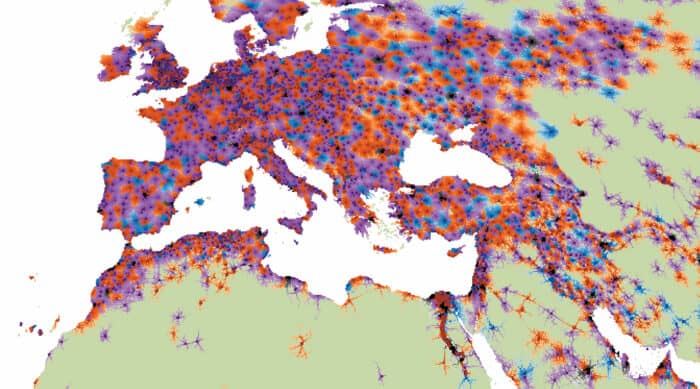 A colorful heat map of Europe and surrounding regions, showing various concentrations and distribution patterns in orange, purple, red, and blue hues.