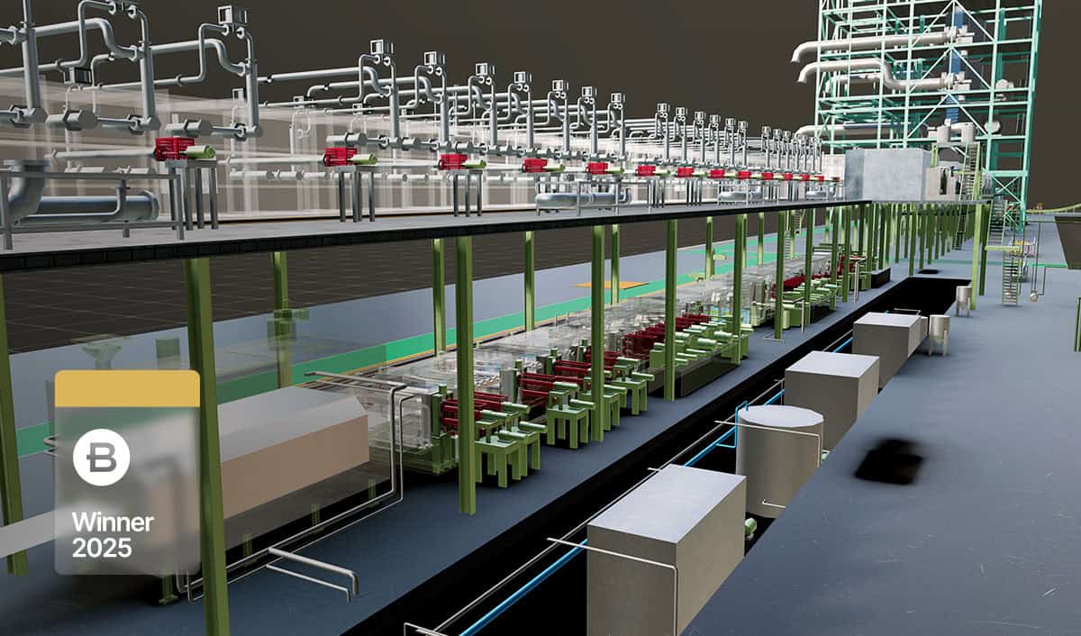 Digital rendering of an industrial facility with pipelines, storage tanks, and machinery by AVS ENGINEERS; a "B Winner 2025" badge is visible in the lower left corner.