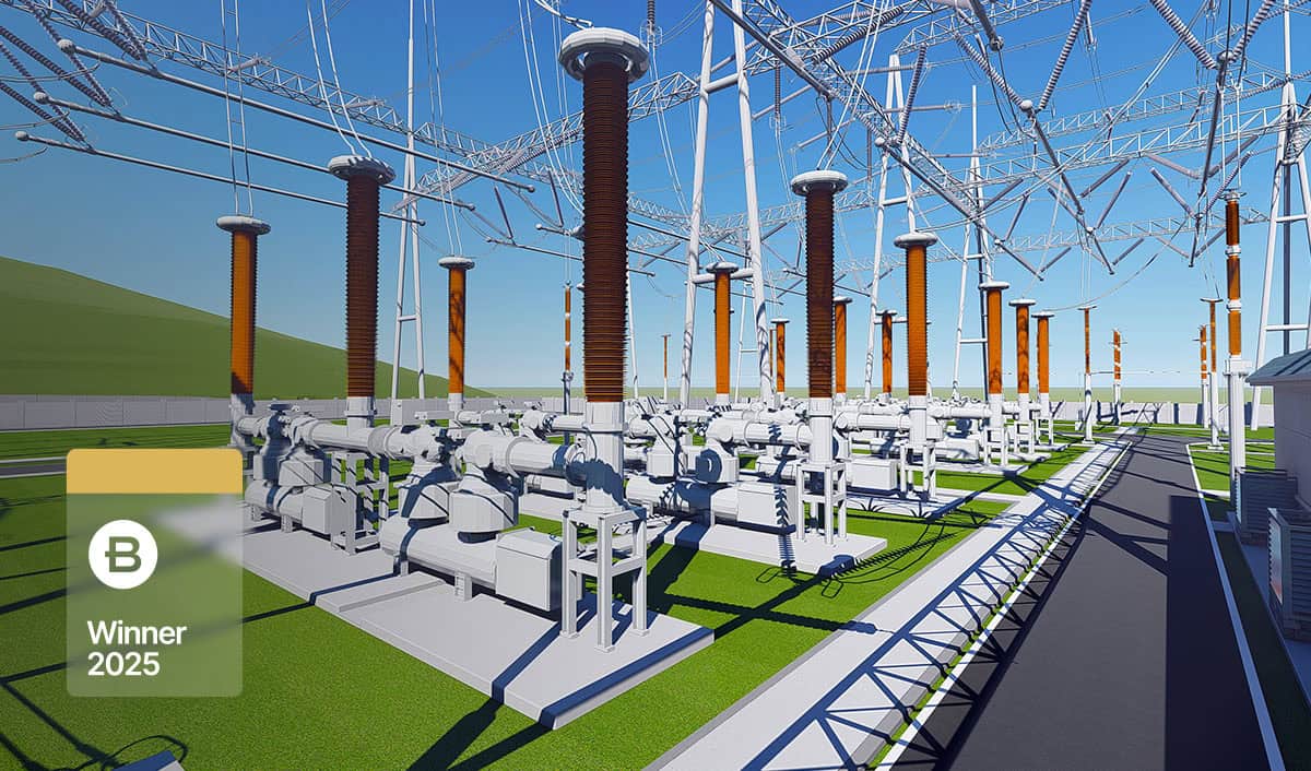 A modern electrical substation with high-voltage equipment and overhead wires, featuring a "Winner 2025" badge in the foreground, highlights grid innovation from the Guangxi Electric Power Design Institute of China Energy Engineering.