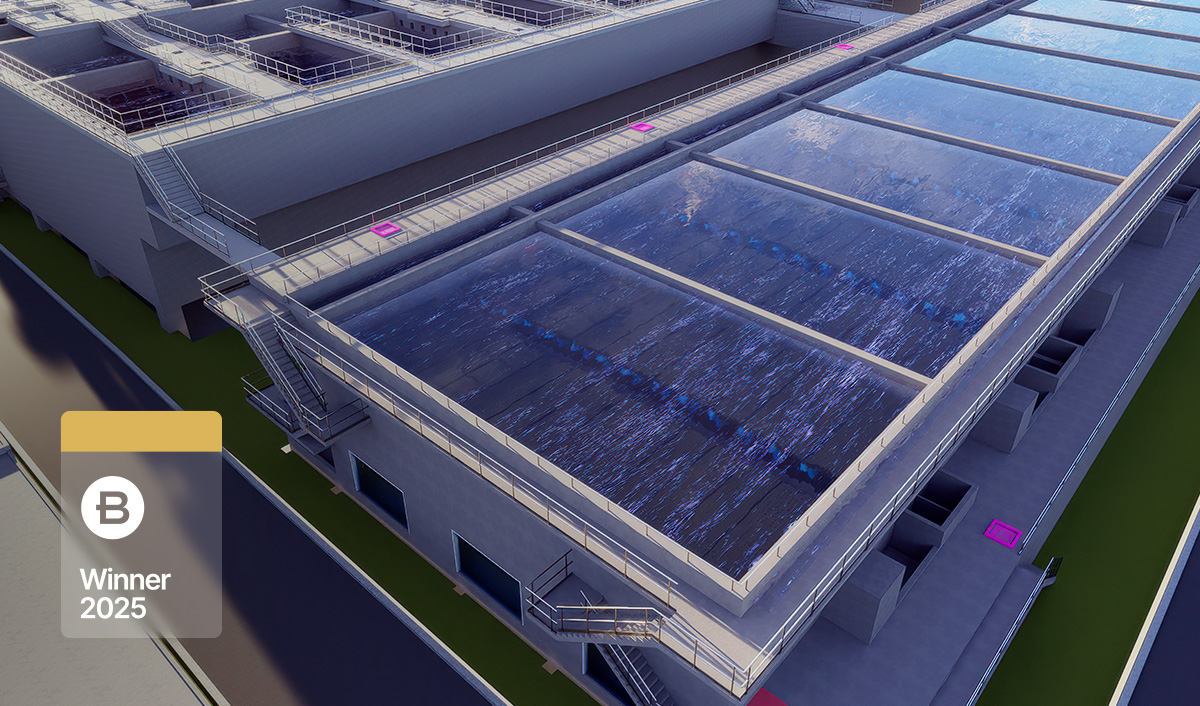 Digital rendering of an electrical substation in West Java with transformers and high-voltage equipment; a "Winner 2025" badge is displayed in the foreground, highlighting PT WIKA Tirta Jaya Jatiluhurās clean water innovation.