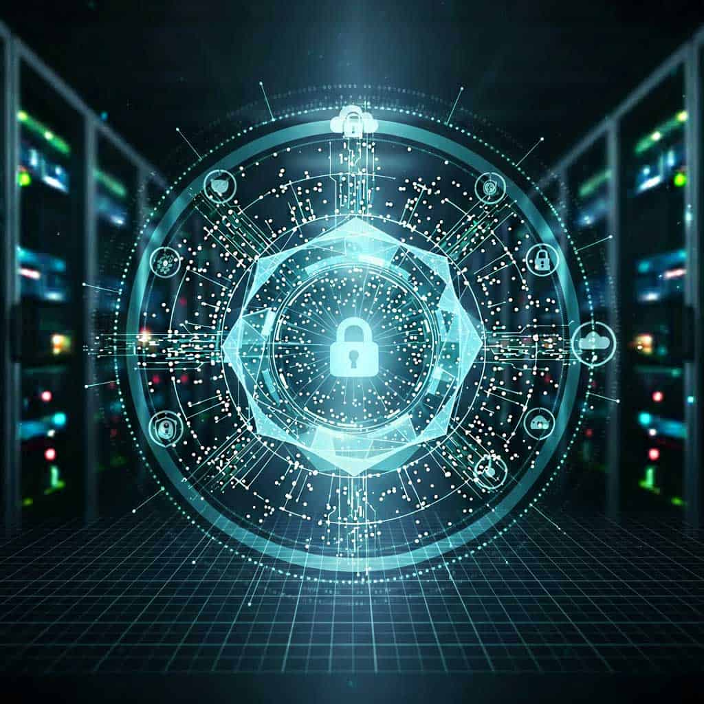 Digital lock symbol with network connections appears over a server room background, representing cybersecurity and data protection for federal infrastructure projects and FedRAMP authorization in a digital environment.