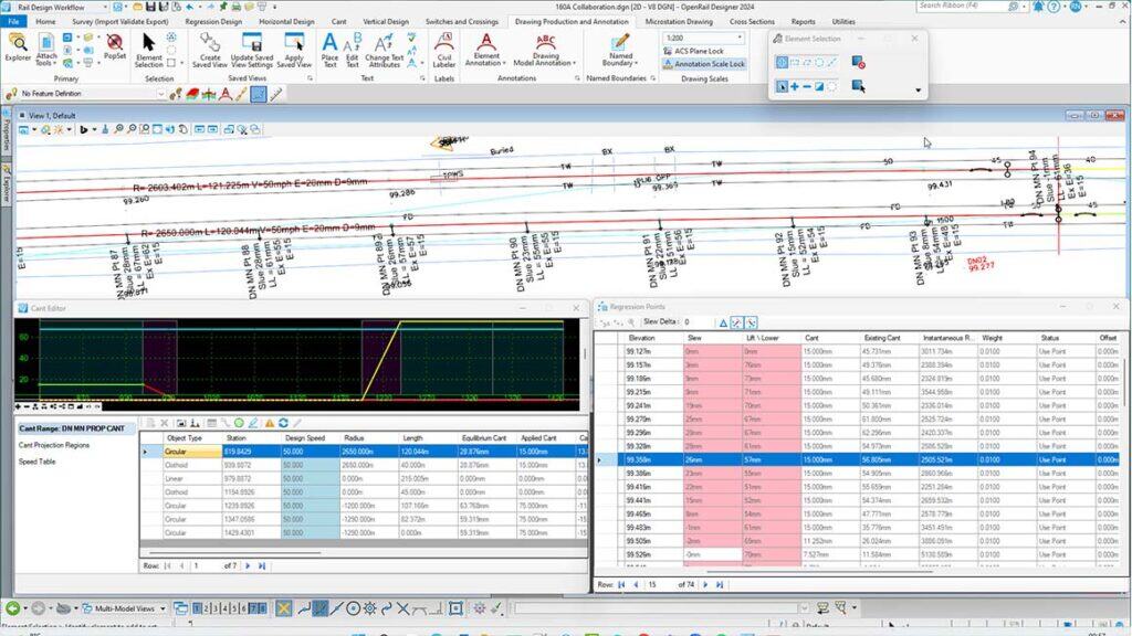 A computer screen displays civil engineering design software with plan, profile, and tabular data views showing utility line information and project details.