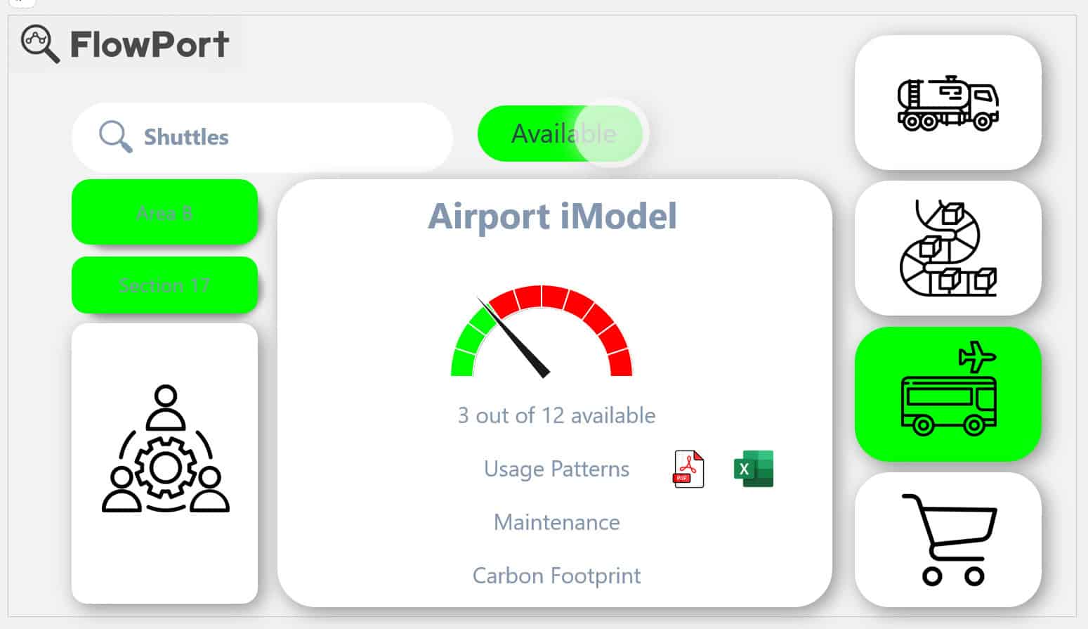 Dashboard interface displaying shuttle availability for "Airport iModel," with a gauge showing 3 out of 12 available, and menu options for usage patterns, maintenance, and carbon footprint.