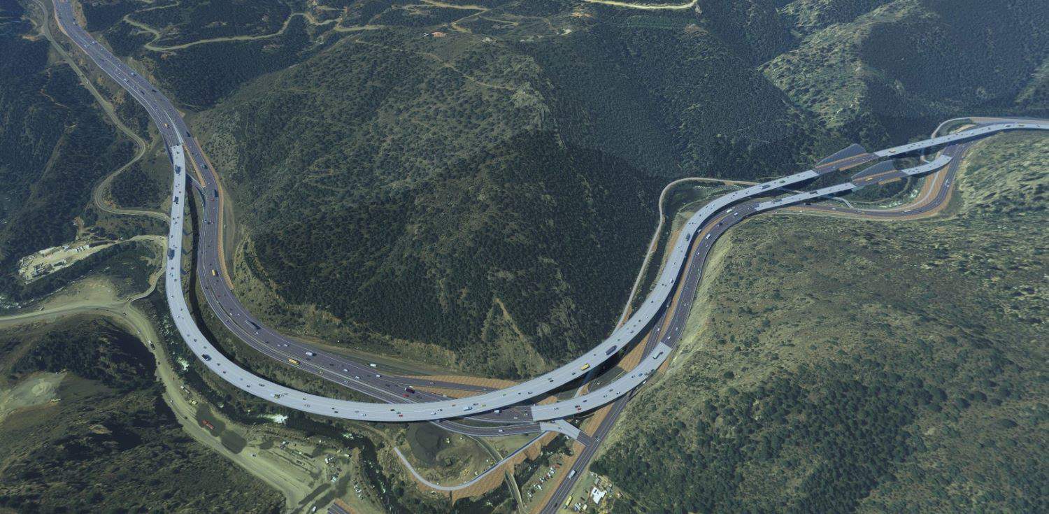 Digital rendering of highway through mountains.