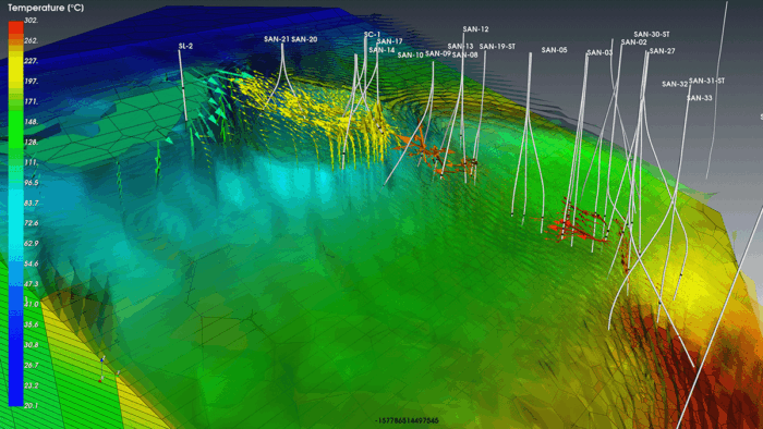 3D geospatial data visualization showing temperature gradients in degrees Celsius with labeled data points and color-coded terrain.
