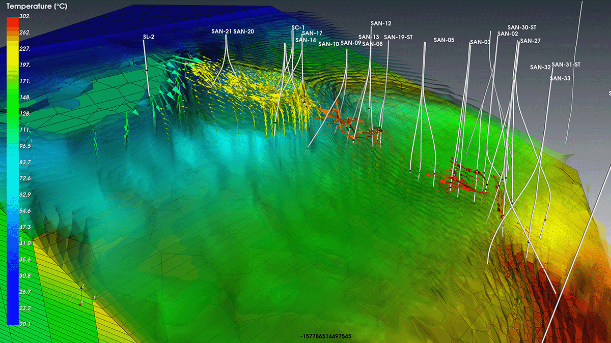 3D geospatial data visualization showing temperature gradients in degrees Celsius with labeled data points and color-coded terrain.