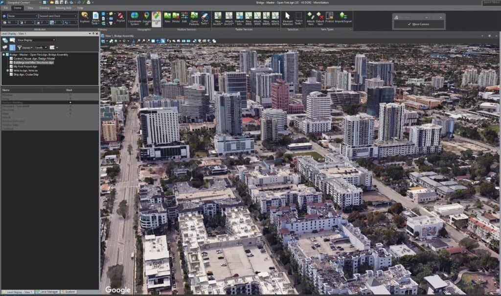 A computer screen displays 3D satellite imagery of a city with high-rise buildings, viewed in a mapping or GIS software interface that supports CAD workflows and seamless integration with MicroStation 2025.