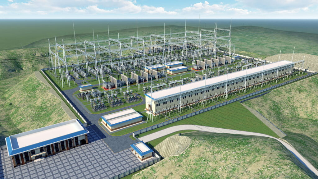 Aerial view of an electrical substation complex designed by China Energy Engineering, featuring multiple transformers, switchgear, and buildings, surrounded by a fence and set in a hilly landscape.
