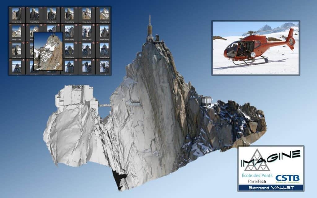 Composite image showing a 3D model of a mountain with inset photos, highlighting reconstructing reality using 3D machine vision; features a red helicopter on snow and logos for Imagine, Ecole des Ponts ParisTech, CSTB, and Bernard Vallet.