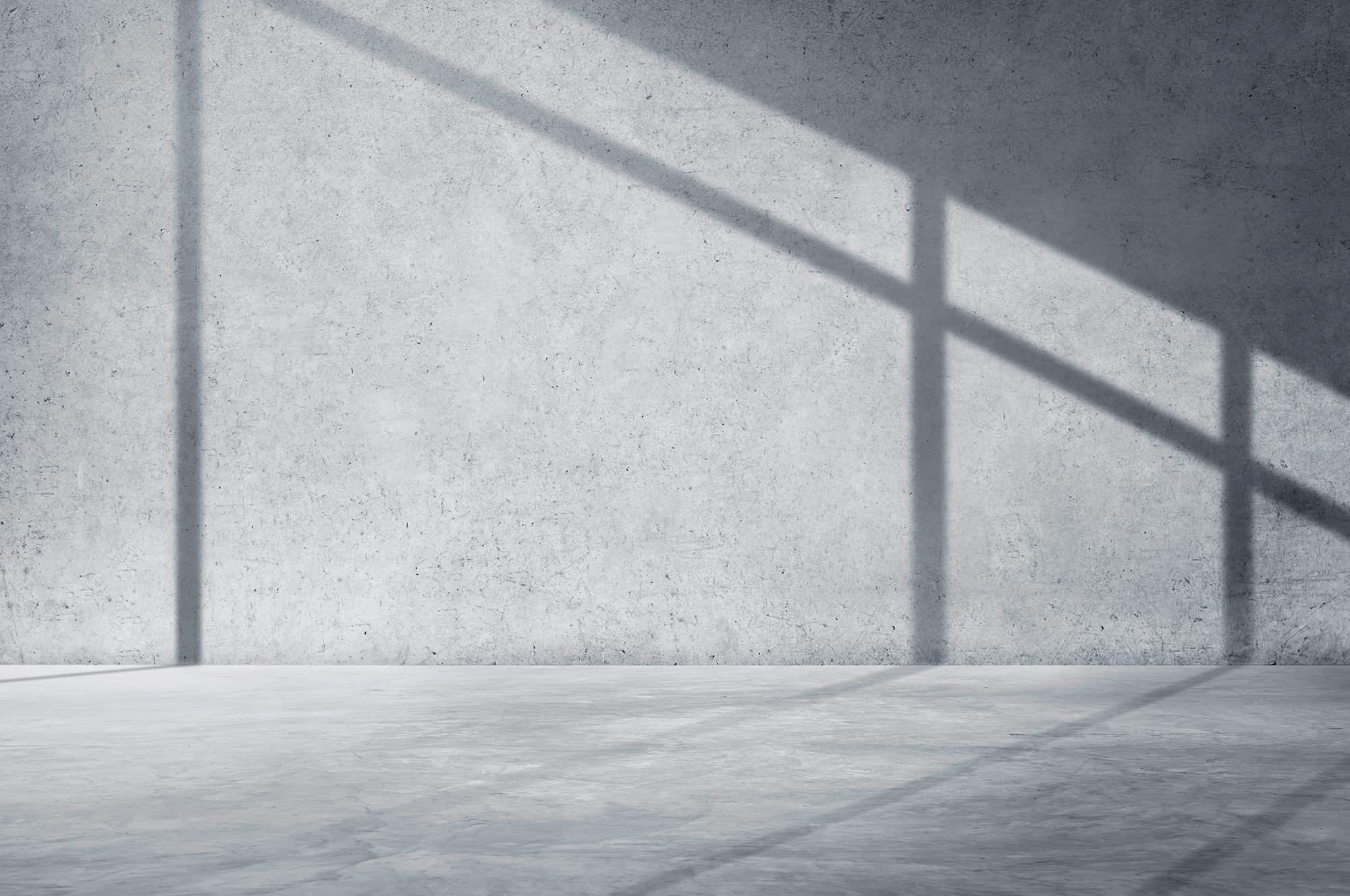 A minimalist interior with concrete walls and floor, featuring shadows cast by an unseen window.