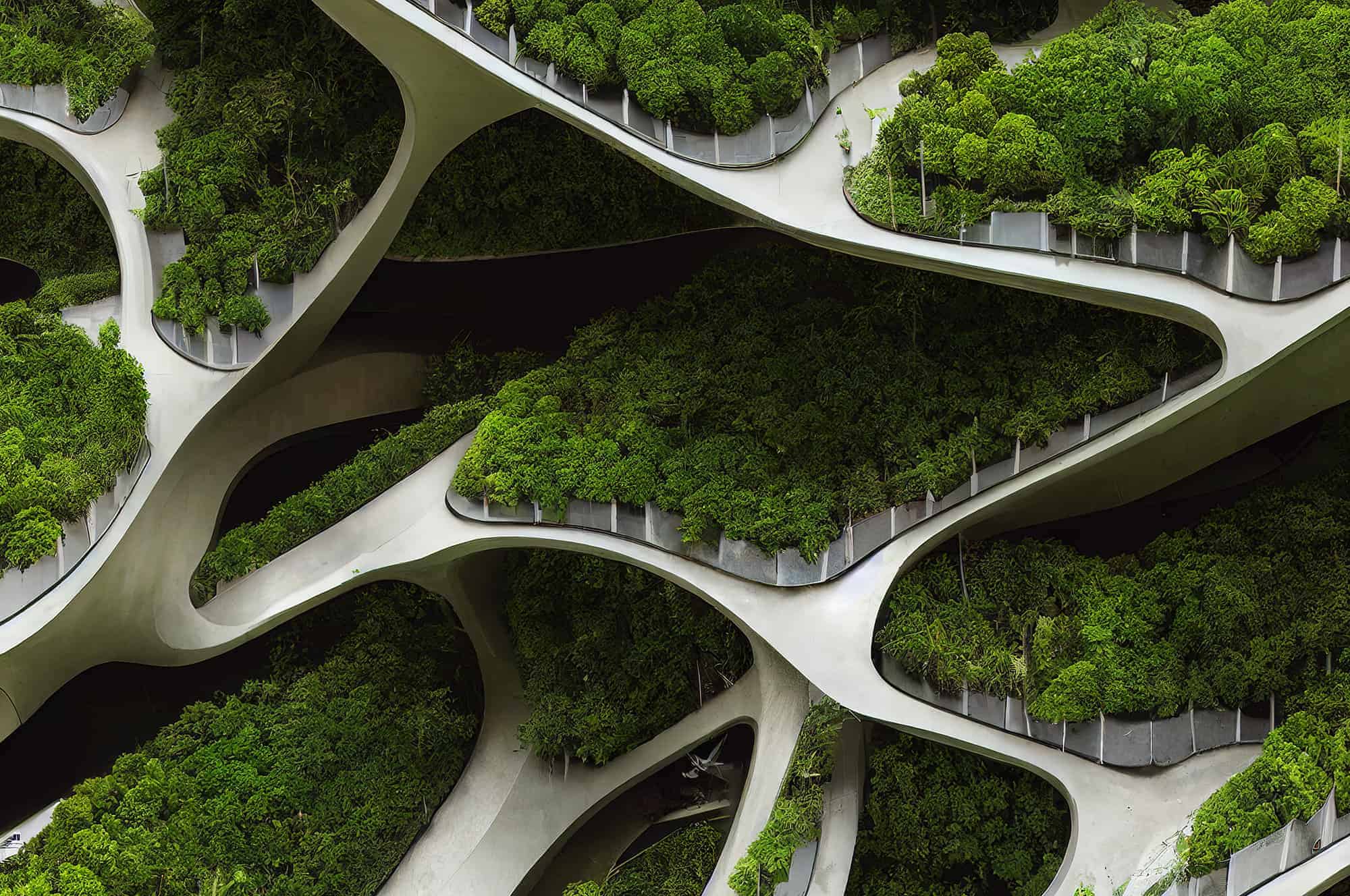 Eco-friendly architecture integrating lush greenery within a multi-level, undulating building structure.