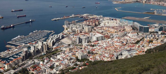 Panoramic view over Gibraltar harbour from the top of the Rock of Gibraltar