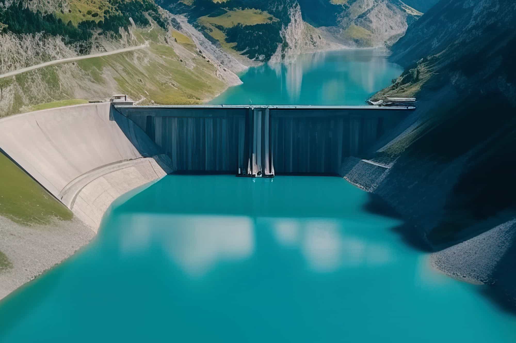 Aerial view of a large dam with a reservoir filled with turquoise water.
