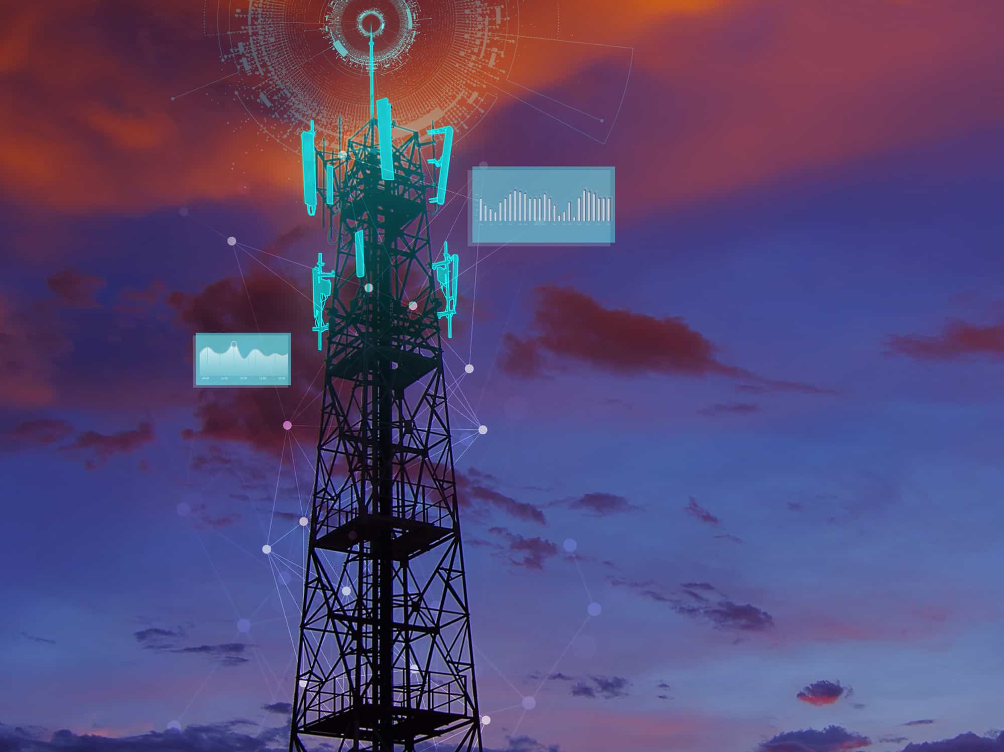 A telecommunications tower with digital overlays representing signal transmission and data analytics against a dramatic sunset sky.