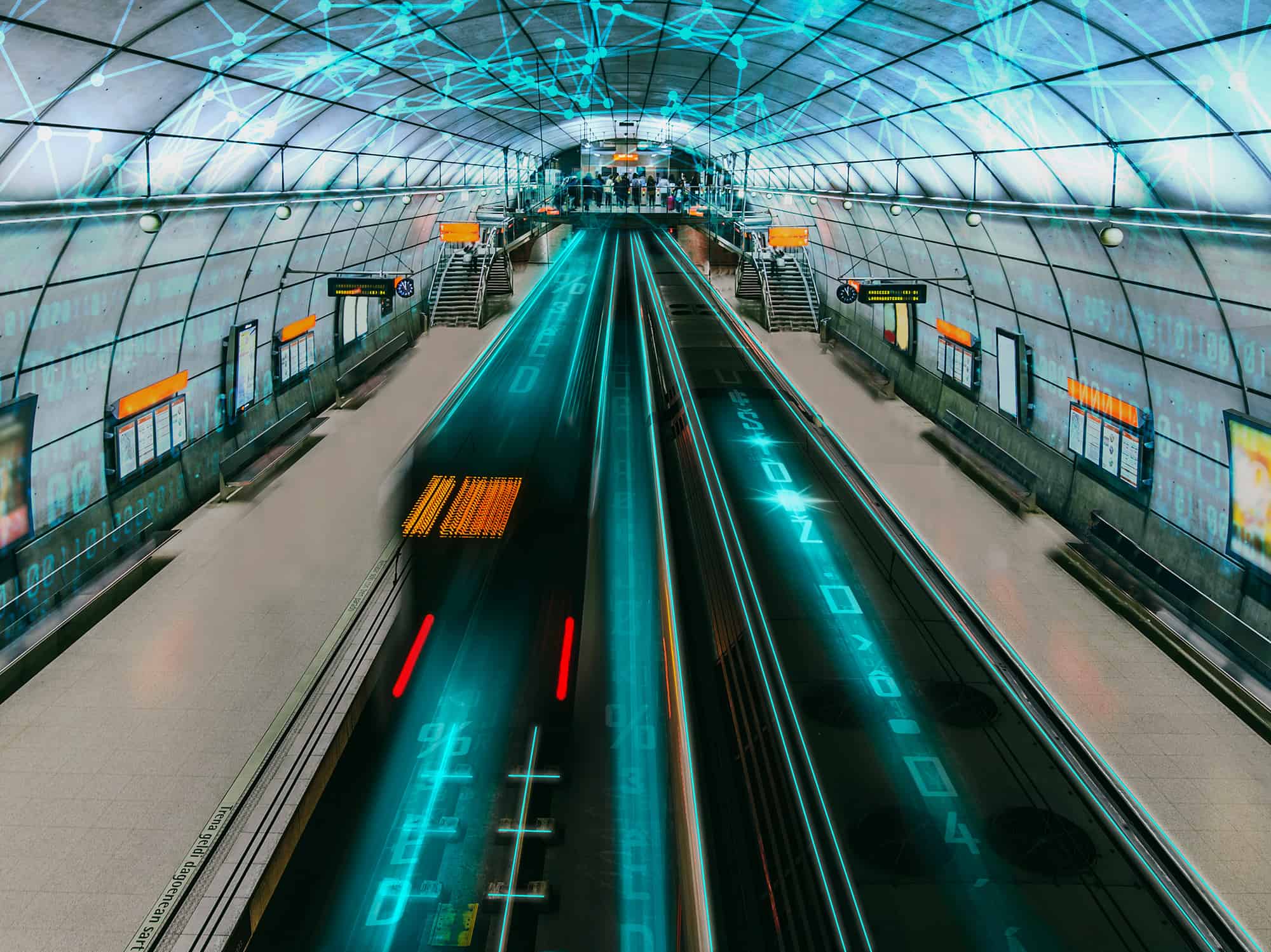 Modern train station interior with motion-blurred train and futuristic architecture.