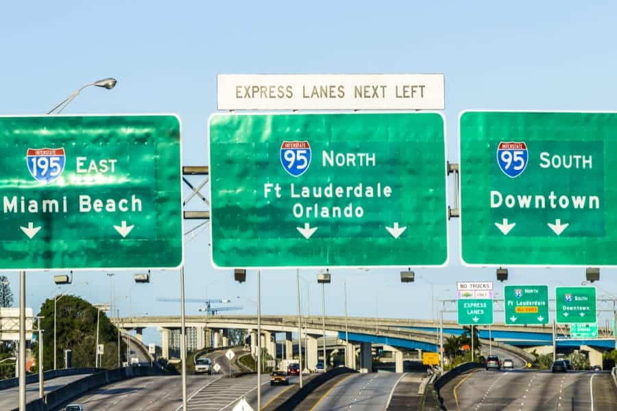 Freeway signs of 195 east Miami beach, 95 north ft Lauderdale Orlando, and 95 south Downtown