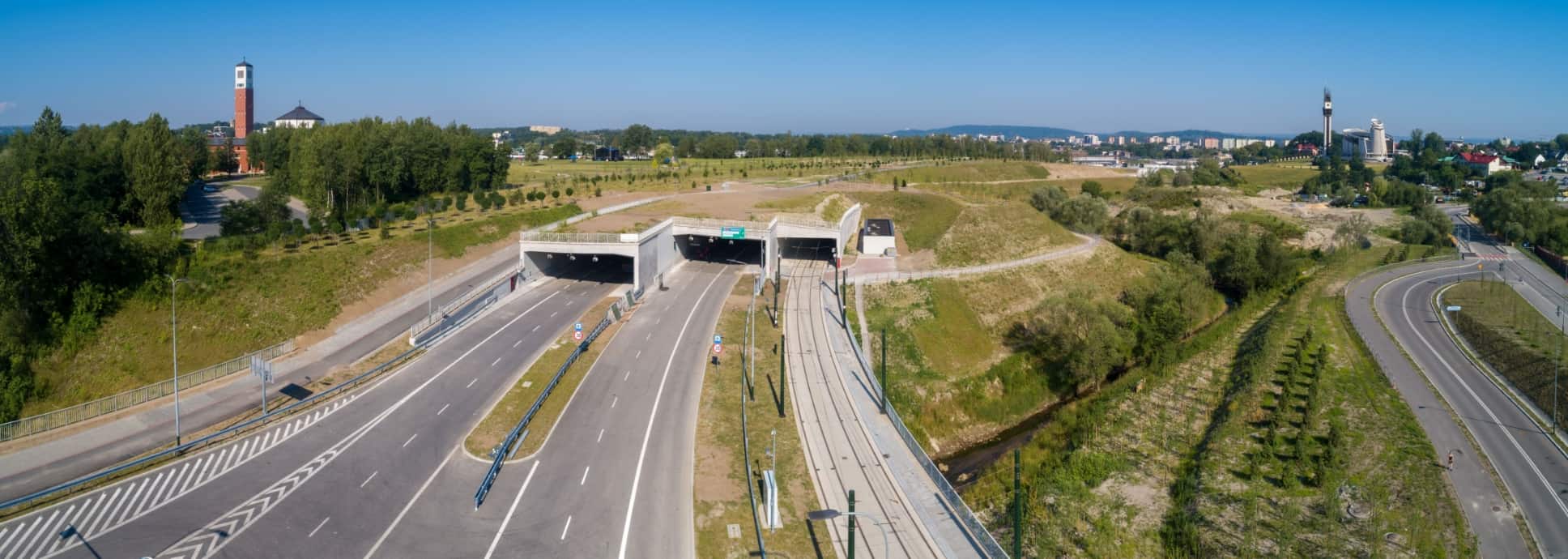 aerial view of highway tunnel