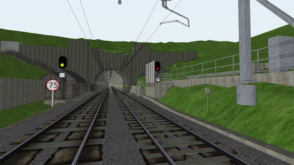 A railway track, part of the Severn Tunnel route, leads into a grassy hill tunnel with signals, a speed limit sign of 75, and overhead electrical wires visible.