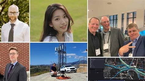 A collage with five leaders in professional settings, a telecommunication tower showcasing infrastructure, and a computer screen displaying a map with highlighted routes.