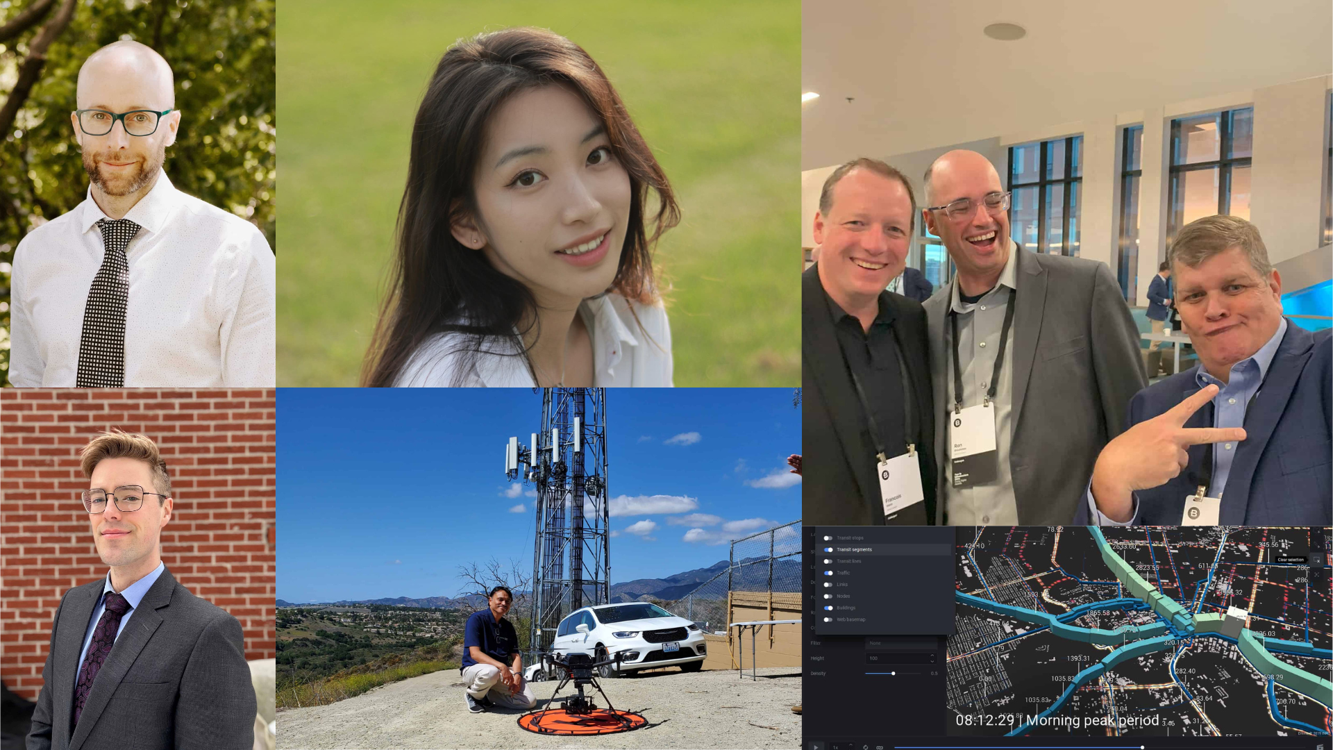 A collage with five leaders in professional settings, a telecommunication tower showcasing infrastructure, and a computer screen displaying a map with highlighted routes.