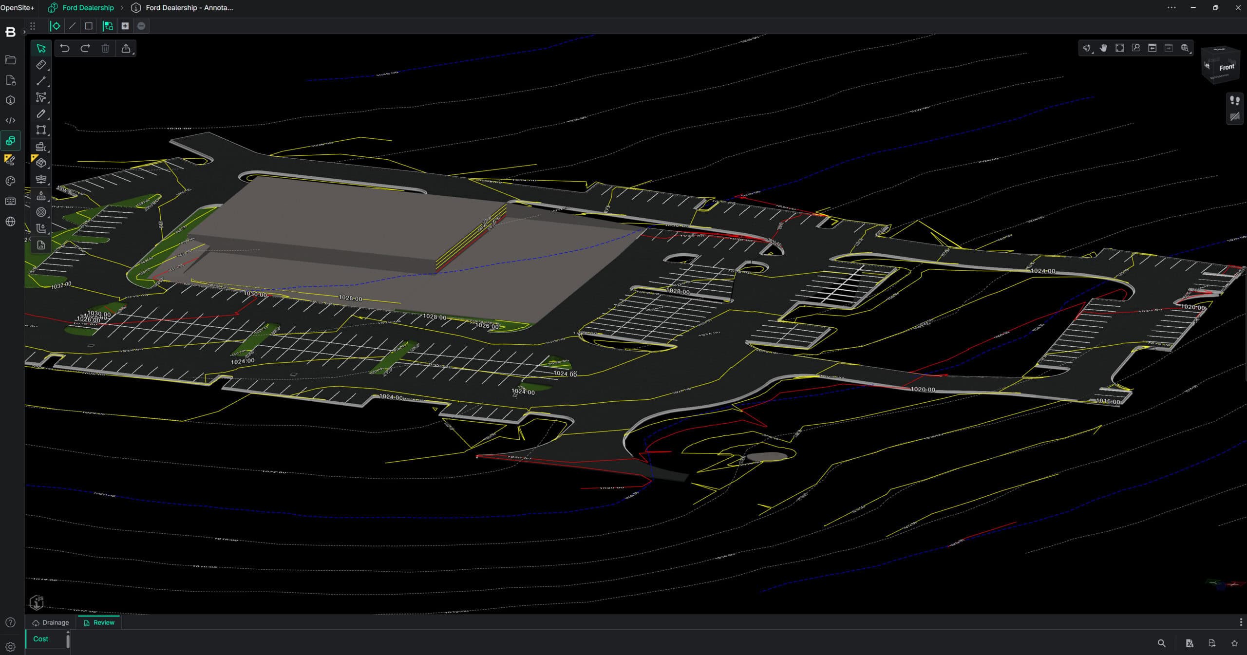 3D CAD rendering of a building site with a large structure, parking lots, driveways, and contour lines indicating topography—highlighting how infrastructure staffing solutions can address staffing challenges in complex construction projects.