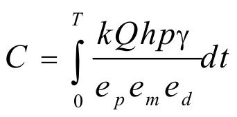 Mathematical equation showing C equals the integral from 0 to T of (kQhpyγ) divided by (e_p e_m e_d), with respect to t, highlighting the missing pump energy budget.
