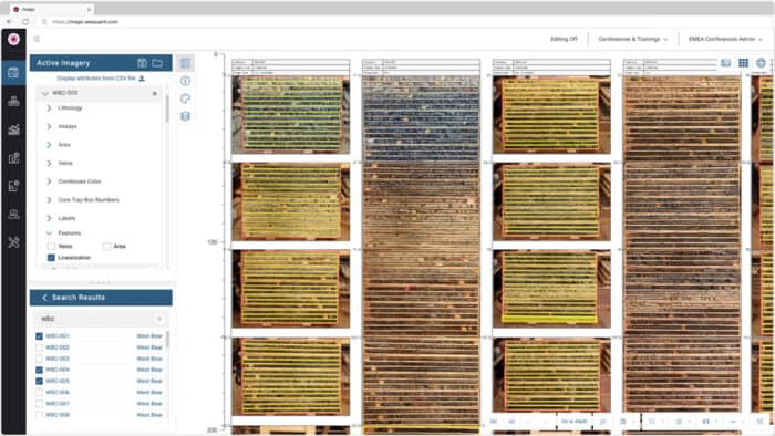 A computer screen displays a mapping software interface with aerial images of fields, highlighted areas, and a sidebar showing search results and imagery tools.