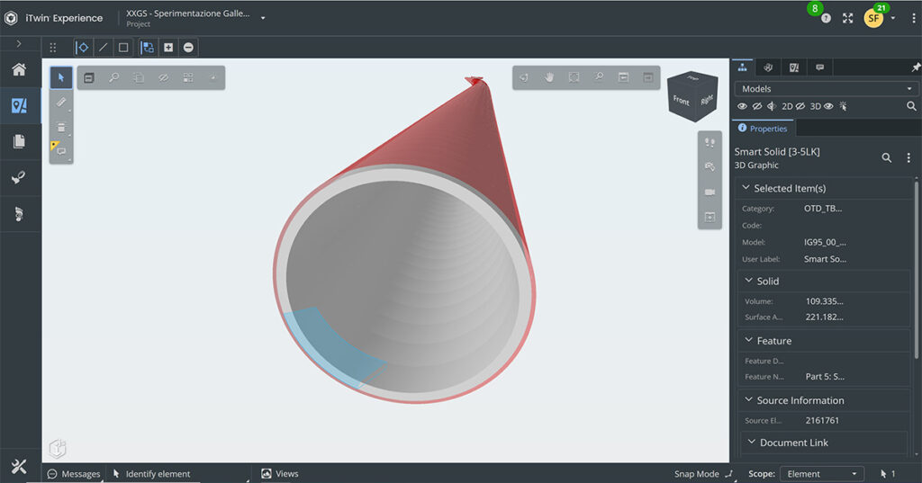 A 3D modeling software interface displays a conical object with highlighted blue and gray sections, accompanied by property details on the right sidebar—showcasing work recognized as a YII Winner in collaboration with Italferr S.p.A.