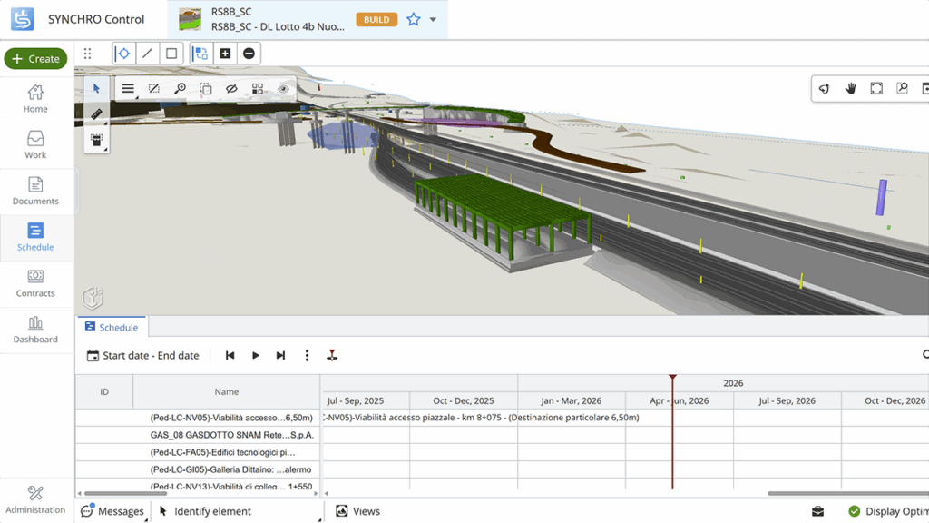 A digital construction project management dashboard displays a 3D model of a road and structure with a timeline and task list below.