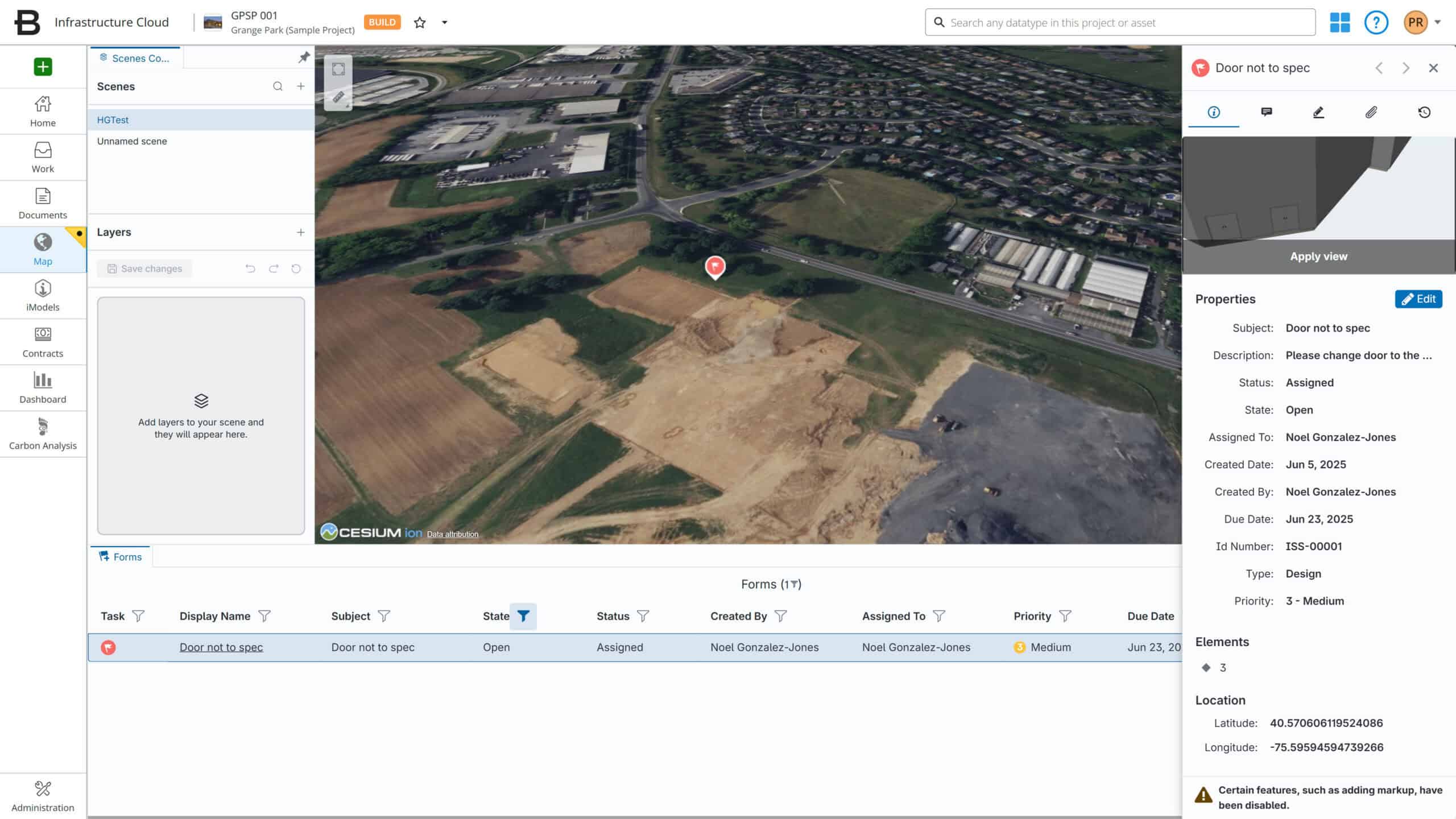 Aerial map view of a construction site displayed on a computer interface with various project details, forms, and task properties visible on the right and left side panels.
