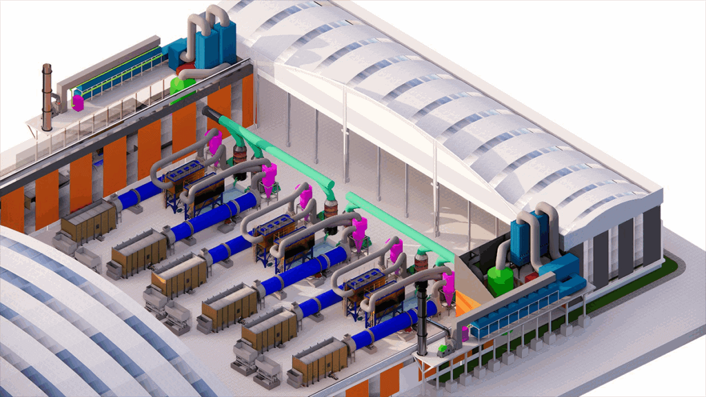 Isometric illustration of an industrial facility interior, such as a PT Wijaya Karya YII Project, showing large machines and pipes for refuse-derived fuel processing under a curved roof.