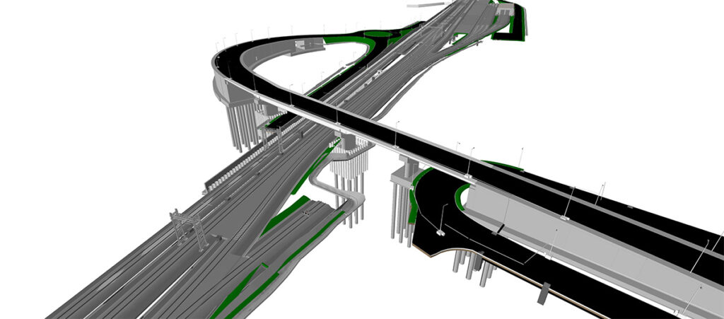Digital rendering of a multi-level highway interchange with overpasses, ramps, and supporting pillars—shown in grayscale with brief green highlights—illustrating the complexity typical of an Italferr YII Project.