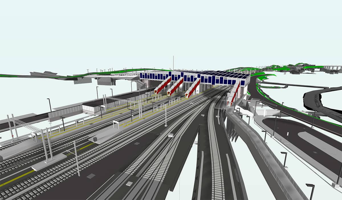 3D rendering of a transportation hub with multiple railway tracks, a toll plaza, and adjacent roads, illustrating the complex infrastructure of this Landmark Railway Project.