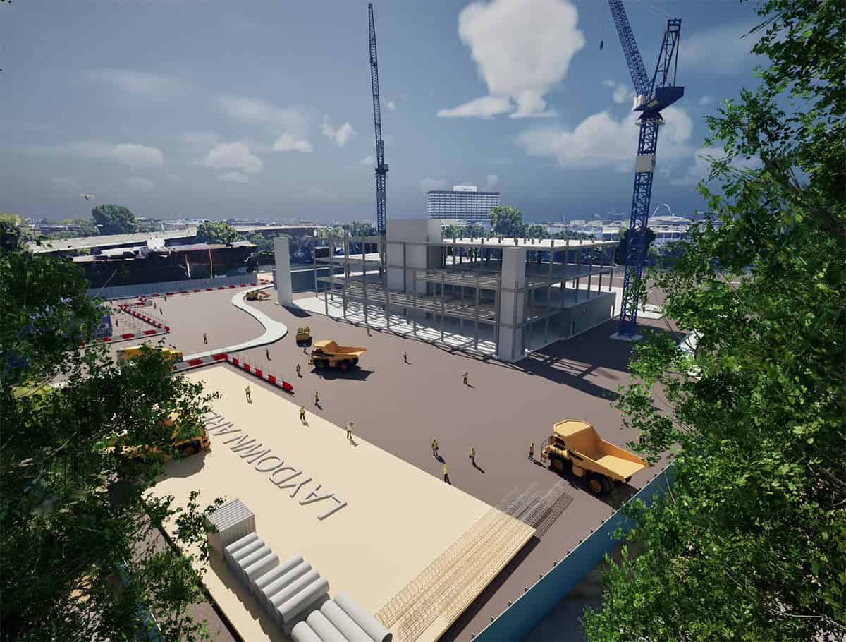 A construction site with cranes, trucks, workers, and a partially built multi-story structure under a partly cloudy sky showcases real-world visualization challenges.