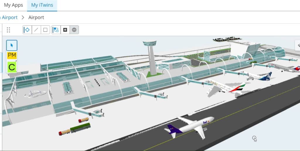 3D digital model of an airport terminal showing gates, airplanes, control tower, and surrounding infrastructure.