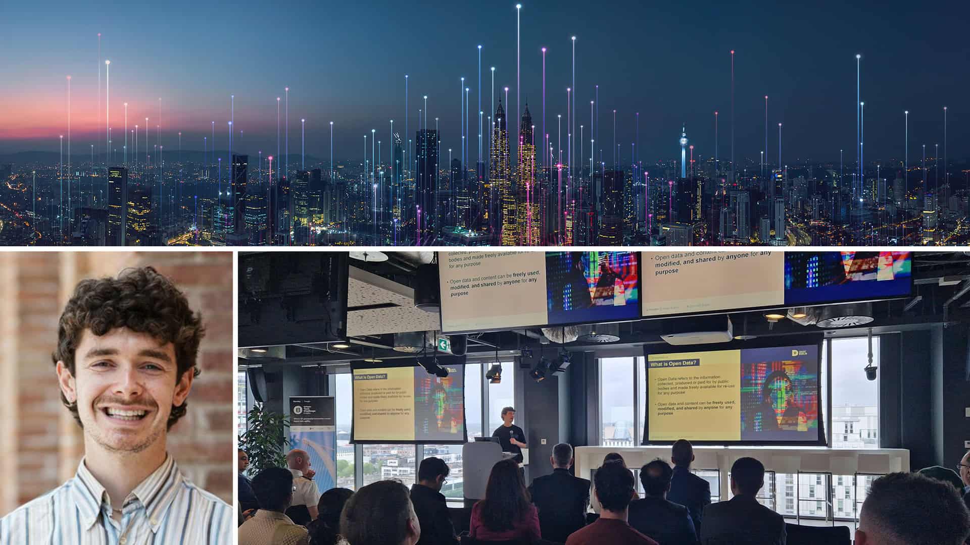 A cityscape with digital light lines, a smiling man in a striped shirt, and a speaker presenting slides to an audience in a modern conference room.