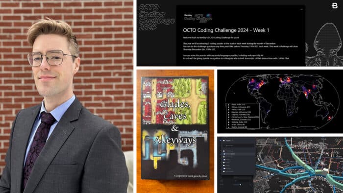 A person in a suit and glasses stands against a brick wall. A collage includes a coding challenge screen, a map visualization, and a game titled "Glades, Caves & Alleyways.