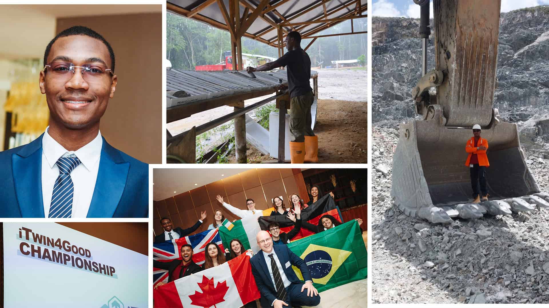 A collage featuring a man in a suit, a person working with construction materials, a large excavator, and a group holding various national flags at an event.