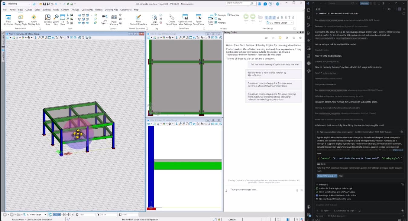 A computer screen displays 3D structural modeling software on the left and a messaging or documentation application on the right, both showing engineering-related content, illustrating how AI in infrastructure engineering is shaping collaborative project workflows.