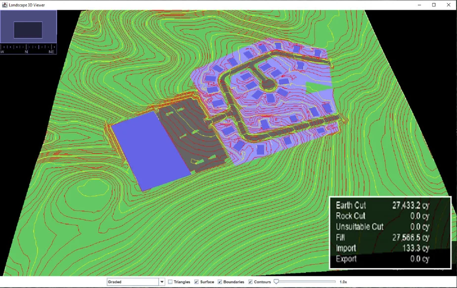 A detailed 3D terrain model showcases a construction plan overlaid, indicating earthworks volumes: Earth Cut (27,433.2 cy), Fill (27,566.5 cy), Import (133.3 cy), Export (0.0 cy). Ideal for land development projects, the model features green contour lines and clear data displays.