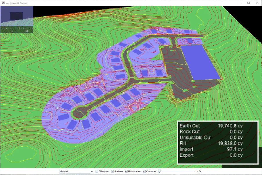 A 3D terrain model shows a planned land development site with various cut and fill metrics displayed in a legend, effortlessly optimized by the Grading Solver.