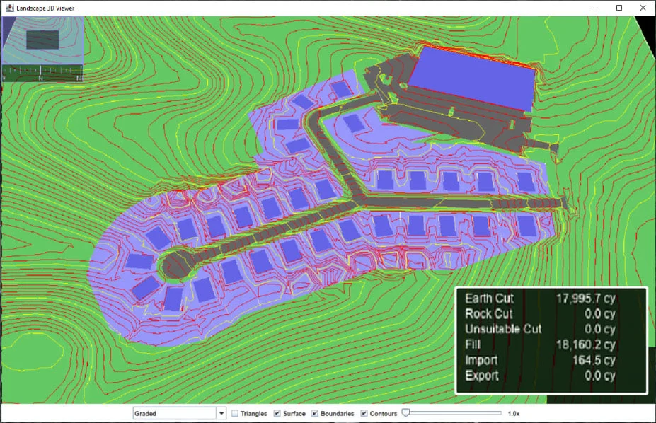 A topographic layout with color-coded elevation lines and a construction site plan. The Grading Solver overlay shows earth cut (17,995.7 cy), fill (18,160.2 cy), and import (164.5 cy) values for efficient land development solutions.