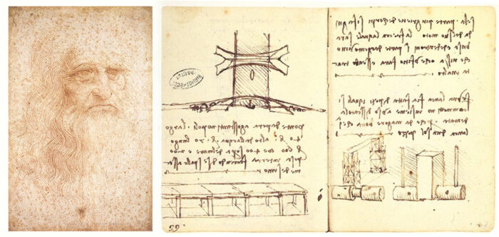 A sepia-toned sketch of an elderly man with long hair and a beard on the left, and pages of technical drawings and mirrored handwritten notes on the right.