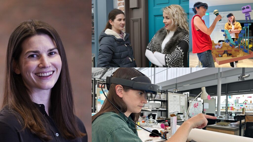 A collage shows an Irish actress smiling, two women talking, two men with VR headsets and props, and a tech designer using augmented reality glasses at a workstation.