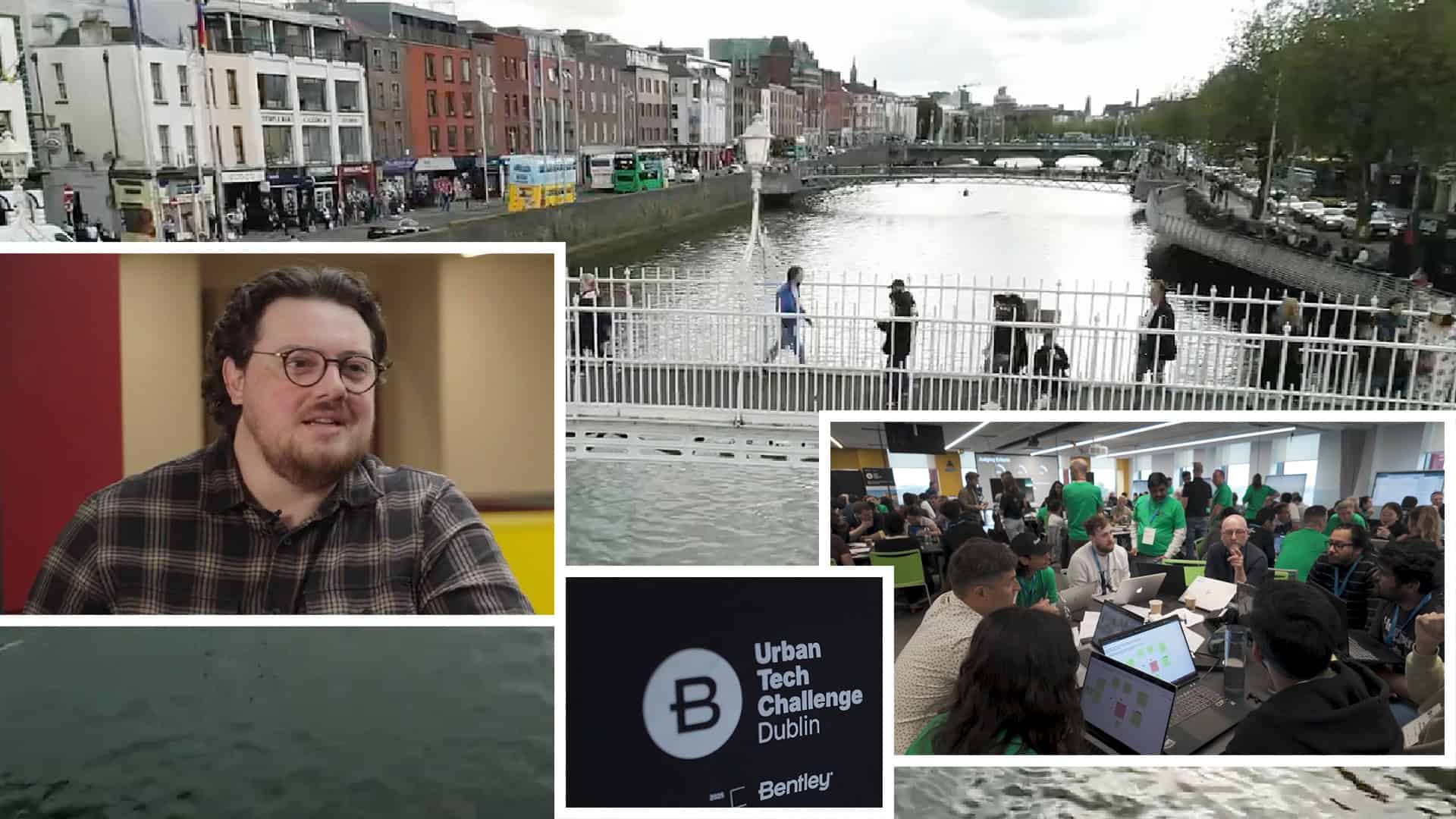 Collage showing Dublin cityscape, a man speaking, a tech challenge event with participants, and a close-up of a "Urban Tech Challenge Dublin" sign.