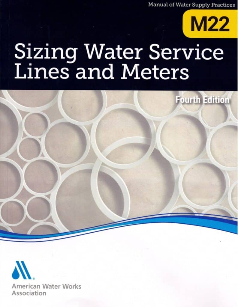 Cover of the book "Sizing Water Service Lines and Meters, Fourth Edition," published by the American Water Works Association. The cover features various white circular shapes, emphasizing the importance of determining peak demands for efficient service in buildings.