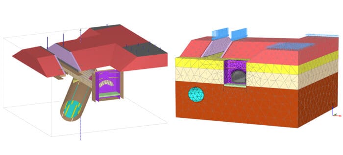 Two 3D engineering models showing structural and material layers of a building, with wireframe and solid color sections for analysis and visualization.
