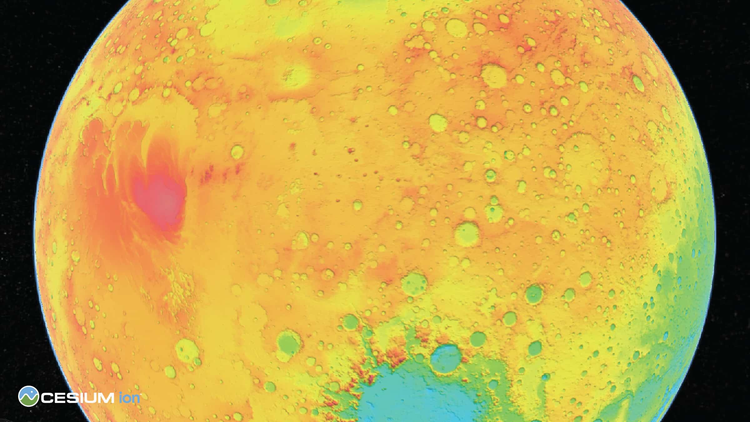 A Cesium Mars topographic map displays elevation with vibrant colors—higher regions in red/yellow, lower in blue/green—and highlights impact craters. The Cesium ion logo is featured in the lower left corner.